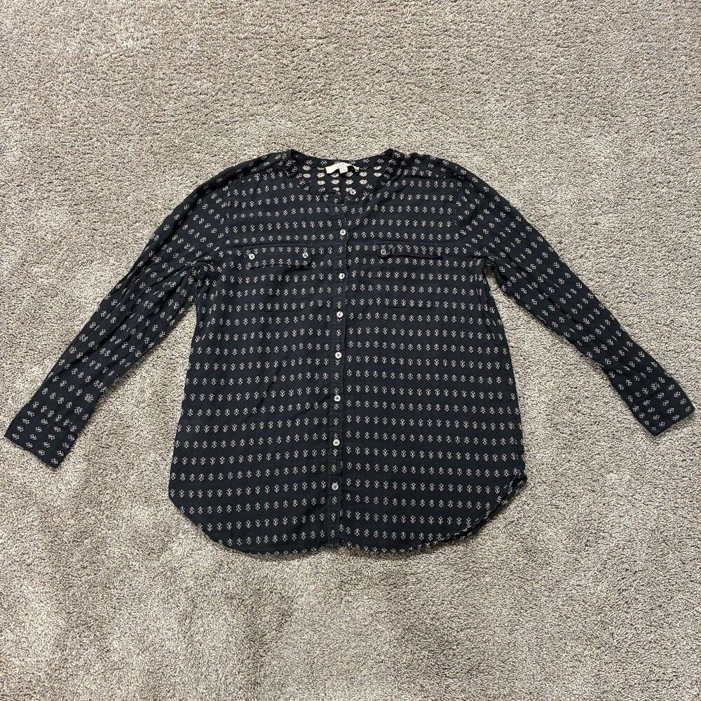 LOFT Ann Taylor Button Up Blouse XL Gray Arrow Boho Cottagecore Casual Indie